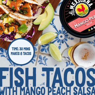 We’ll be enjoying Mango Peach Salsa fish tacos all summer 

1/4 cup vegetable oil
2 tablespoons chopped fresh cilantro, plus more for serving
1 teaspoon kosher salt
1/2 teaspoon freshly ground black pepper
1/2 teaspoon chile powder
1/4 teaspoon cayenne pepper
Juice of 2 limes, plus wedges for serving
1 ½ pounds skinless grouper or other white fish
1 orange bell pepper
Eight 10-inch flour tortillas
Hot sauce and sour cream for serving
La Mexicana Mango Peach Salsa

#FishTacos #Salsa #SummerRecipes